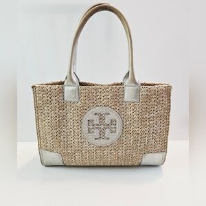 Tory Burch Ella Tote Bag Straw/Silver Large Shoulder Bag HDD001